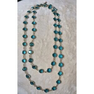 Swarovski Necklace Open Bezel Gold Tone With Blue/Teal 36" Signed Swan